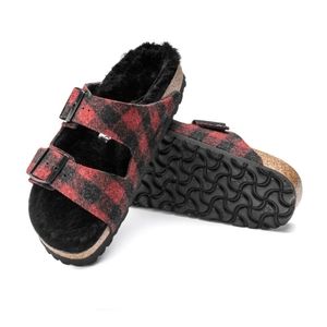 Birkenstock Mens Arizona Shearling Wool Plaid Red Sandals 10 Mens / 12 Womens